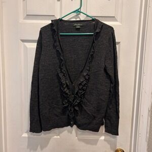 Eddie Bauer Womens Cardigan Sweater Size L Gray Ruffle Front Long Sleeve